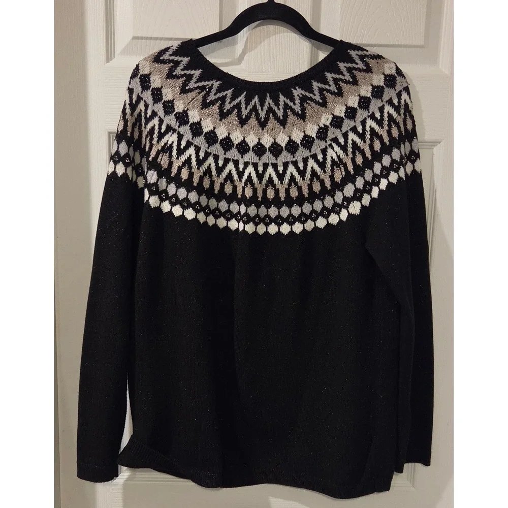 J. Jill Womens Large Tall Black Fair Isle Metallic Beaded Knit Pullover Sweater